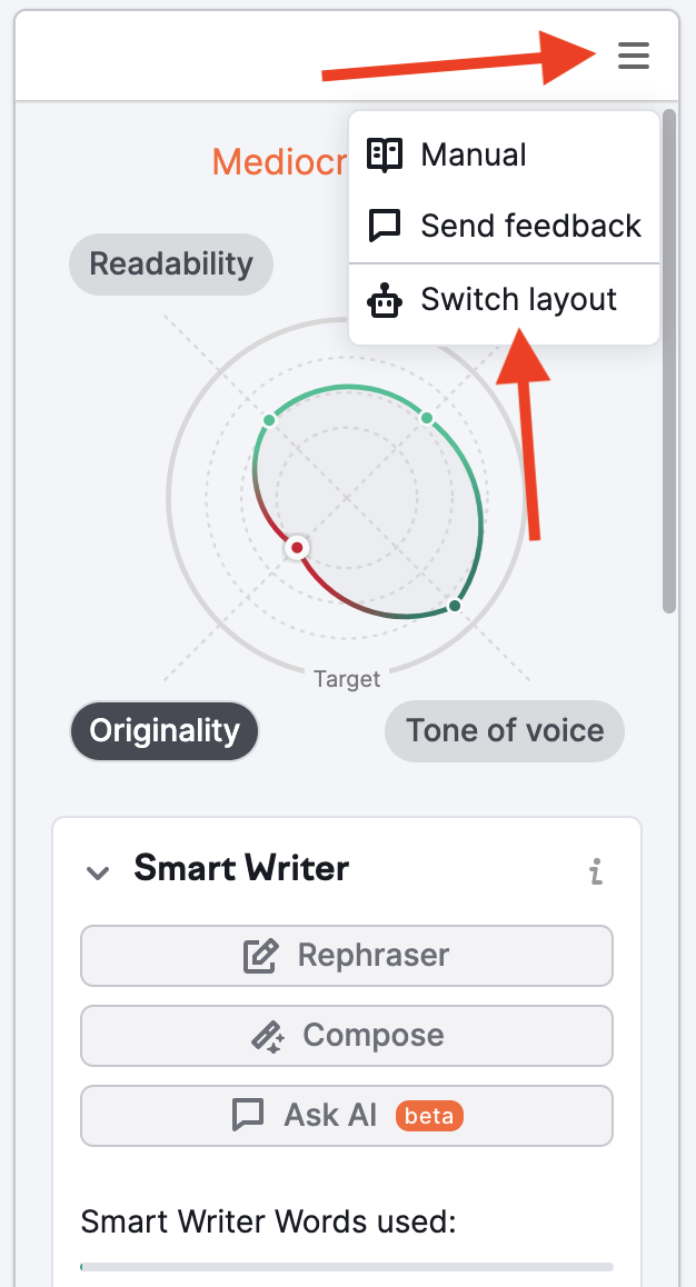 Directions showing how to switch the layout. One arrow pointing the menu button in the top right hand corner of the tool. The second arrow points at the button "switch layout". 