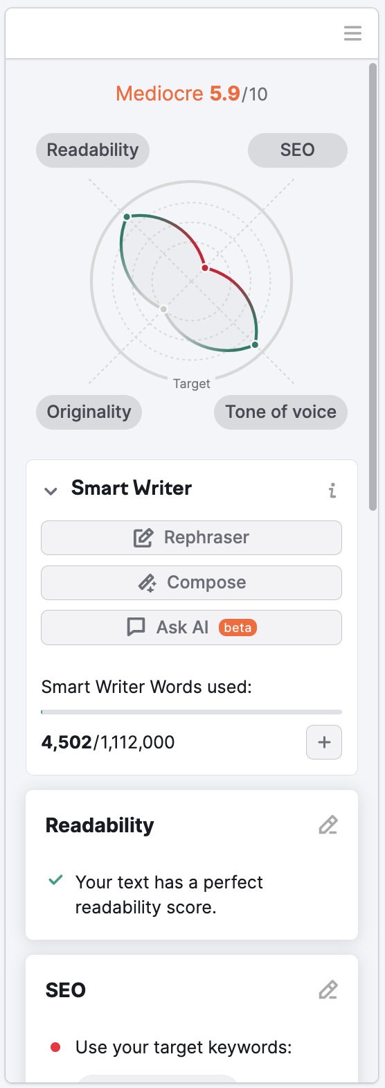 The SEO Writing Assistant tool showing the grading system - a score out of 10.  Below is the four categories: readability, originality, tone of voice and SEO. Below this is the Smart Writer Words section which shows the rephraser, compose, and ask AI buttons. 