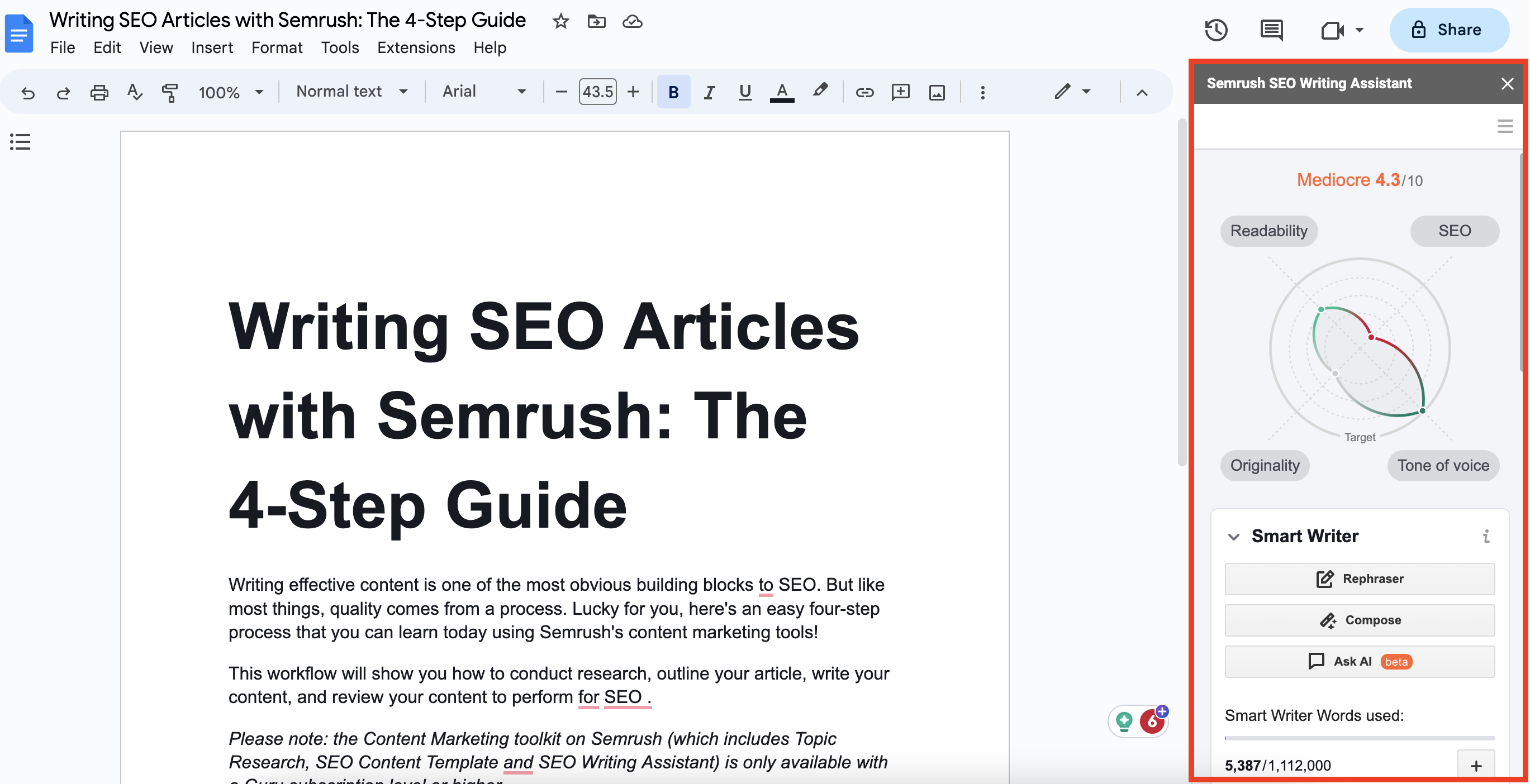 The SEO Writing Assistant tool with Google Docs. The tool showing the grading system - a score out of 10.  Below is the four categories: readability, originality, tone of voice and SEO. Below this is the Smart Writer Words section which shows the rephraser, compose, and ask AI buttons. 