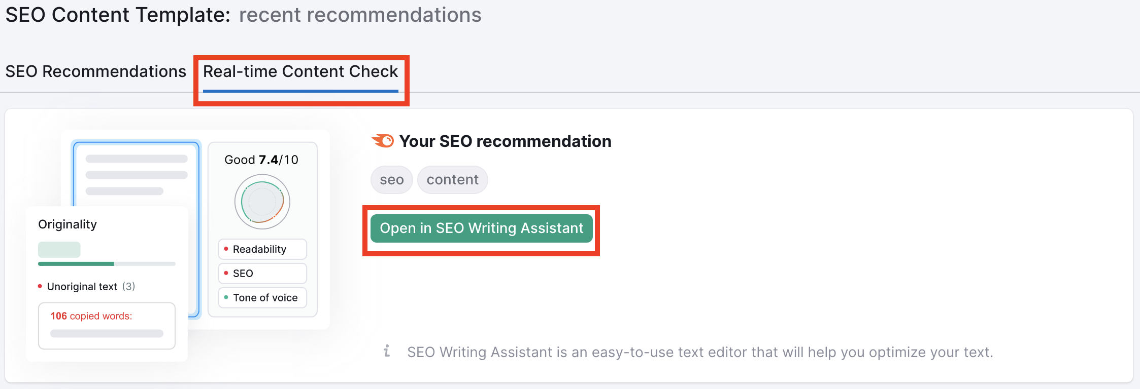 A red rectangle highlights the 'real-time content check' tab and another red rectangle highlights the 'open in SEO Writing Assistant' button. 