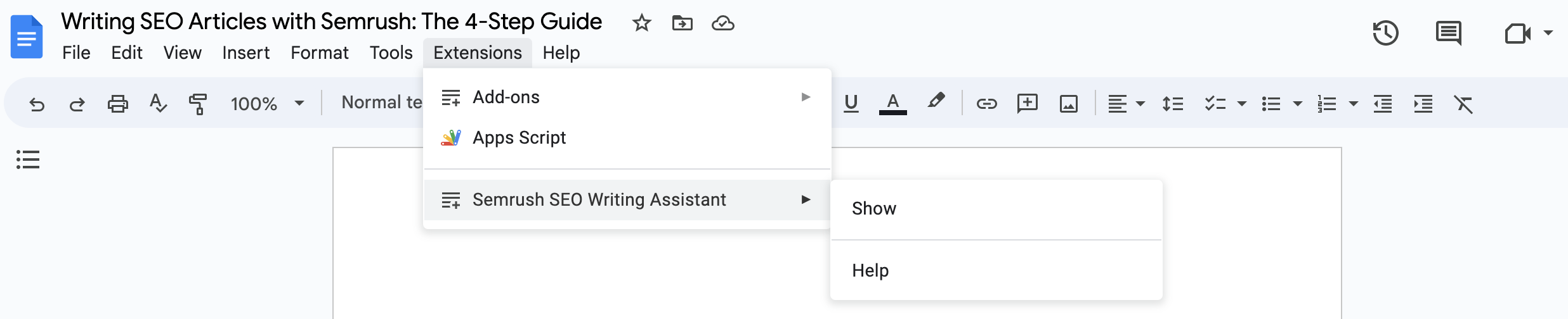No Documentos Google, mostrando o menu "Extensões" na parte superior da página, o SEO Writing Assistant da Semrush e, em seguida, "Mostrar". 