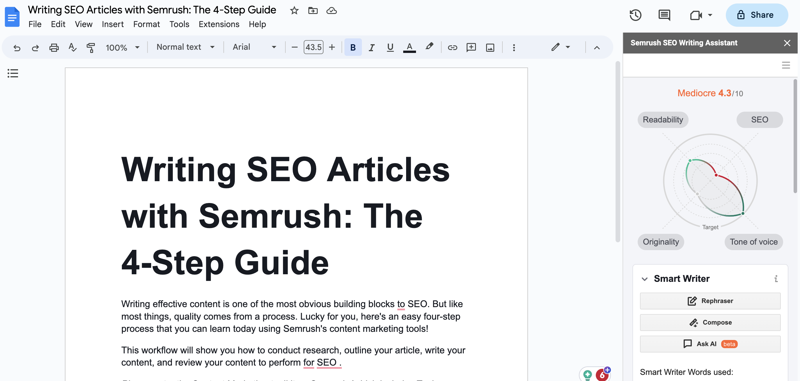 Within Google Docs showing the SEO Writing Assistant add-on opened up on the right side of the document.