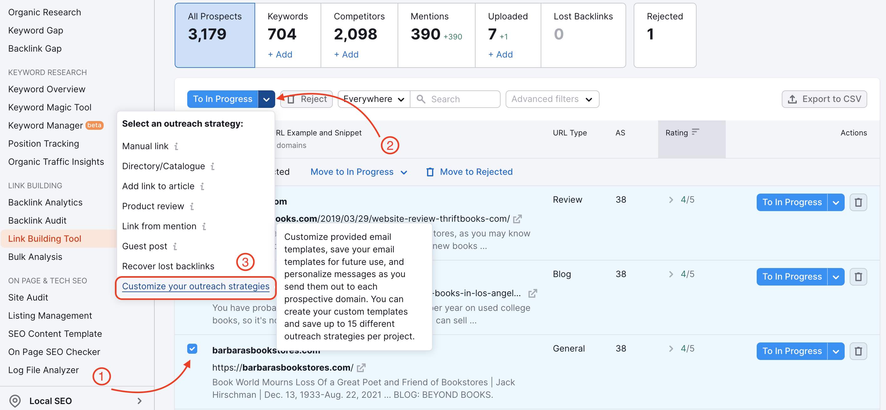 Link Building tool Prospects report: the screenshot shows where to find the menu to customize your outreach strategies and create templates.