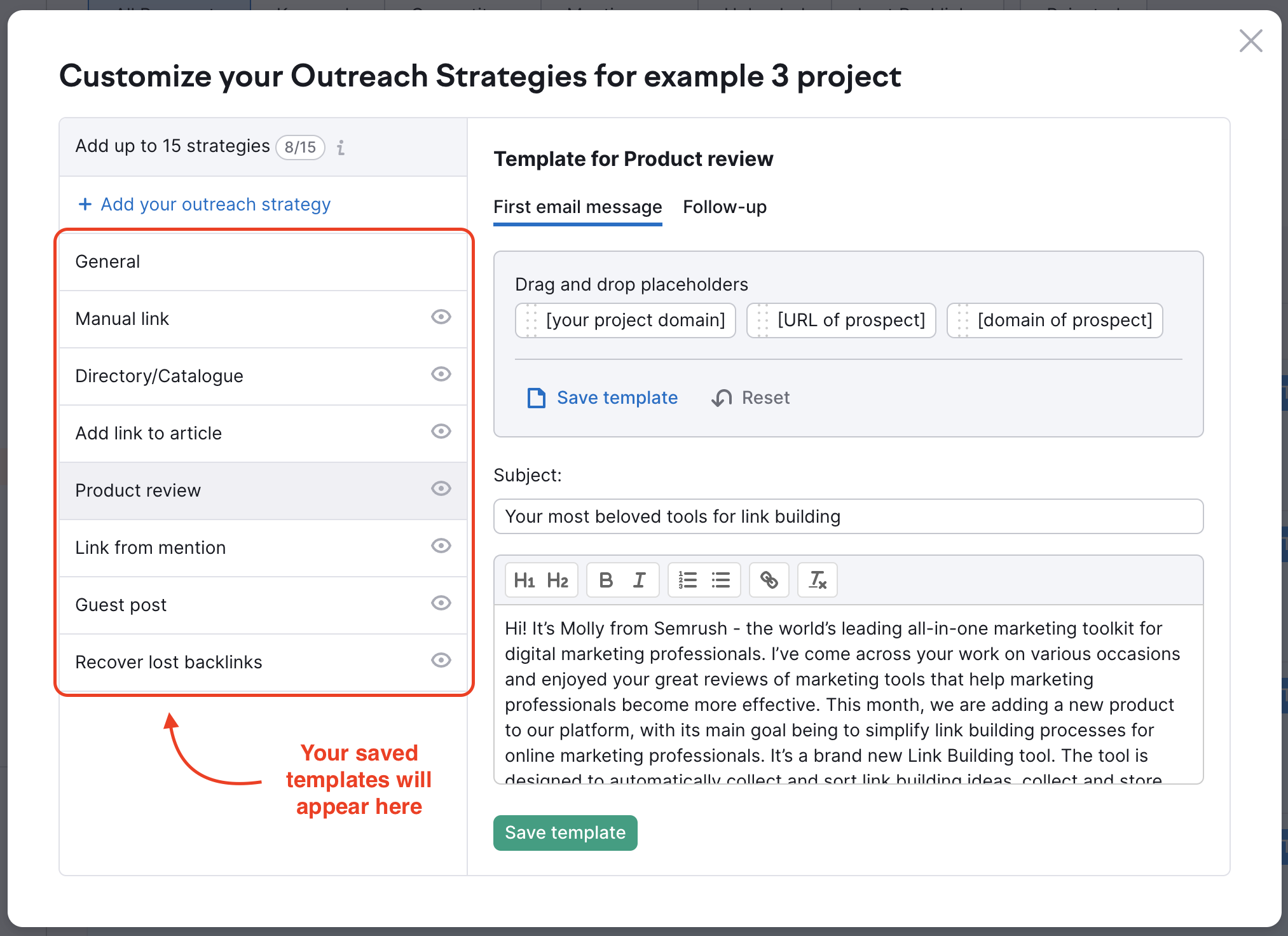 Link Building "Customize your outreach strategies" pop-up window: your saved templates are on the left. 
