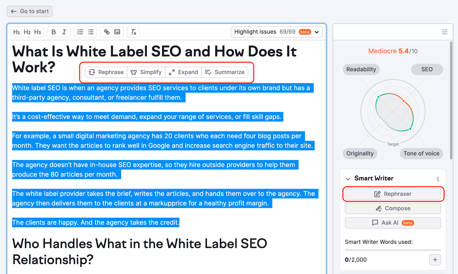 An example from SEO Writing Assistant tool showing how ti user the Rephraser feature. 