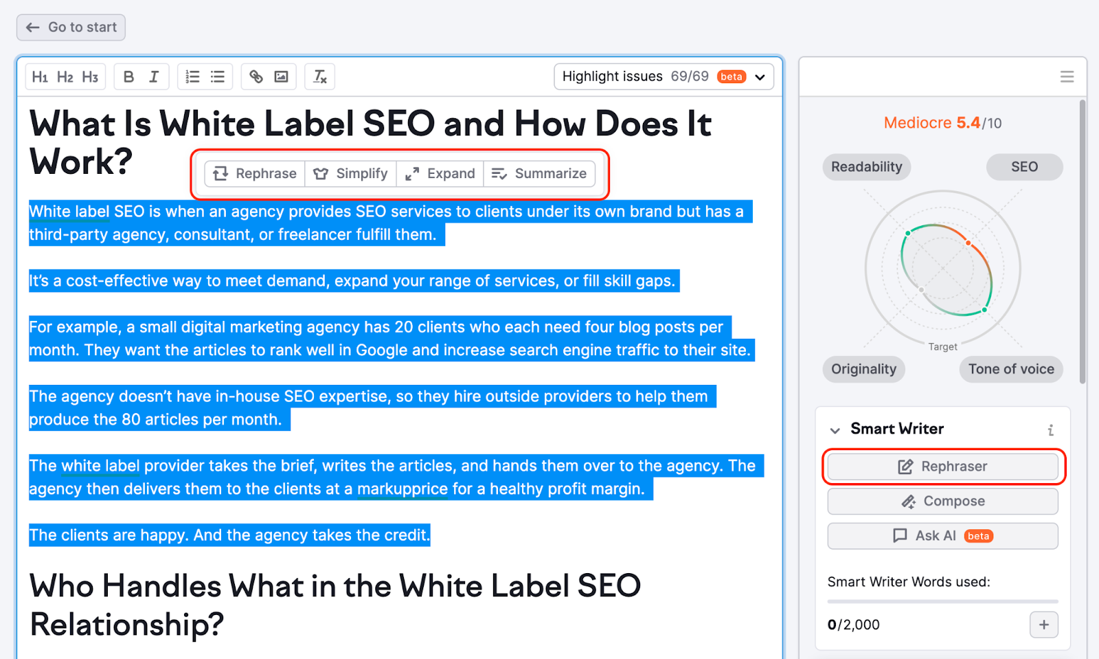 Un ejemplo de la herramienta SEO Writing Assistant que muestra cómo utilizar la función de Asistente de reformulación. 