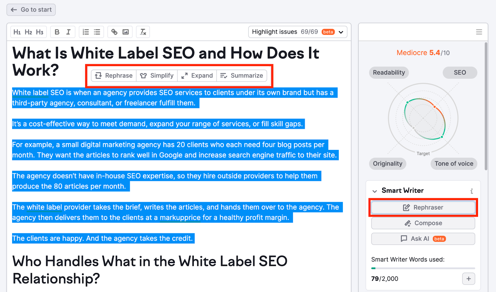 An example from SEO Writing Assistant tool showing how to user the Rephraser feature. 