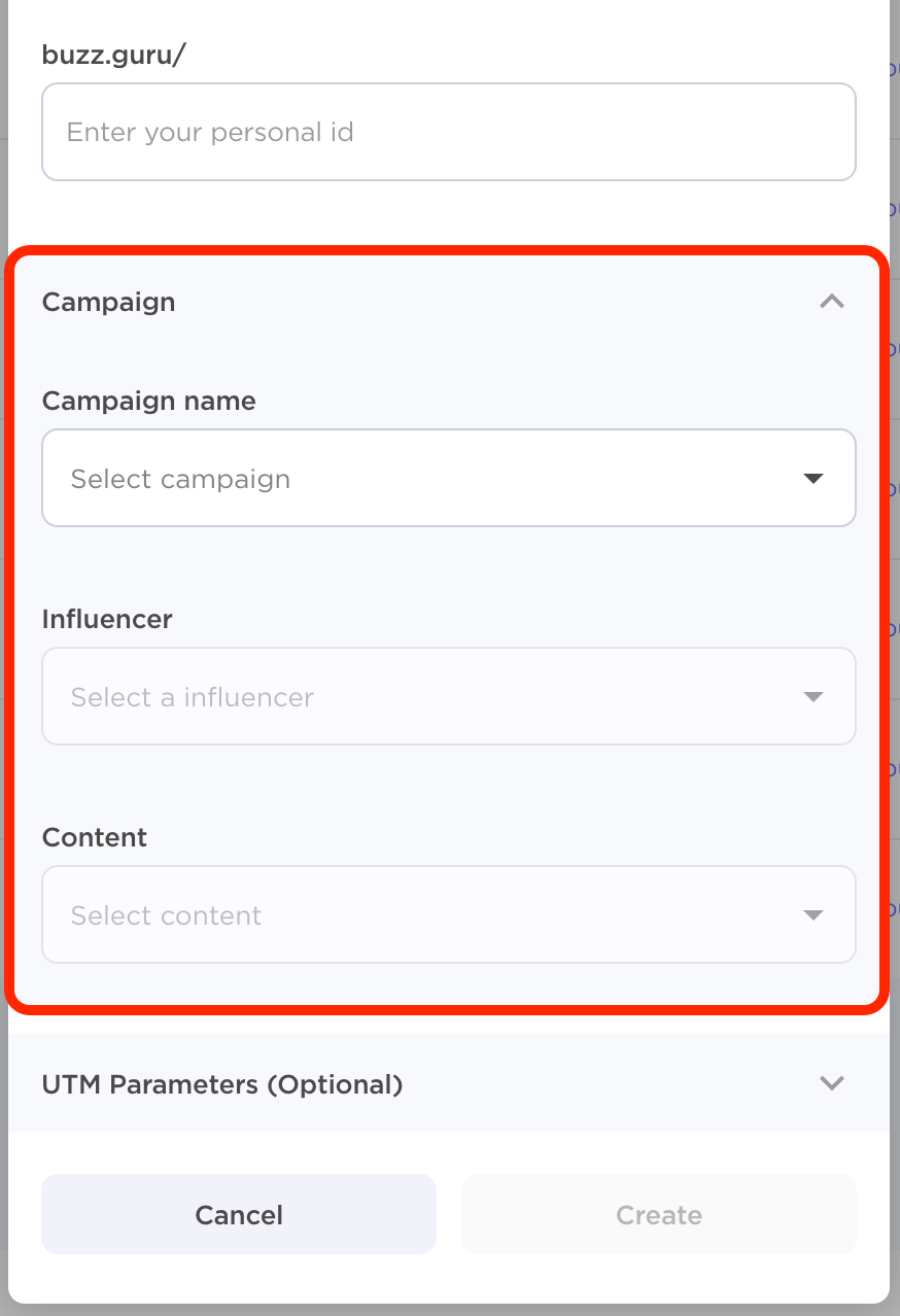 An example of the Campaign section of the Create short link setup window.