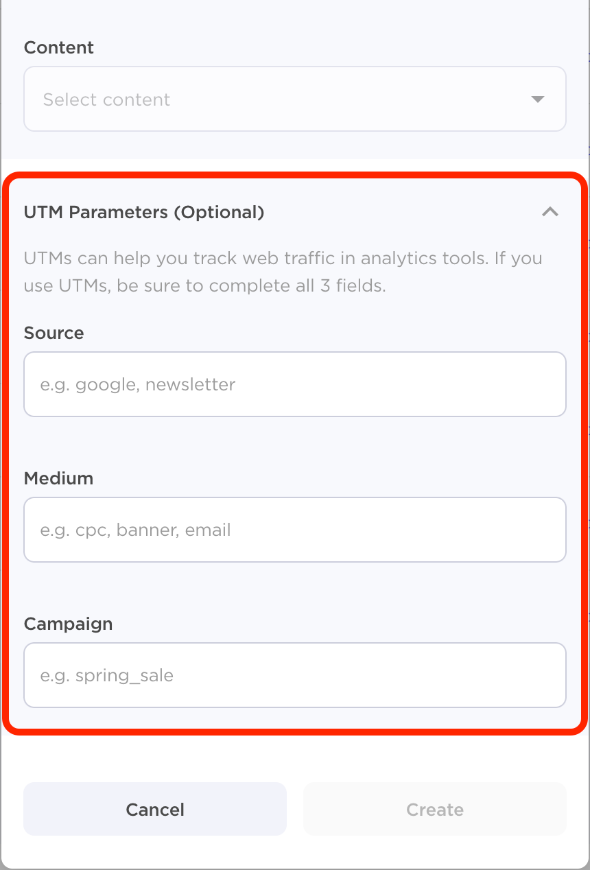 An example of the UTM Parameters section of the Create short link setup window.