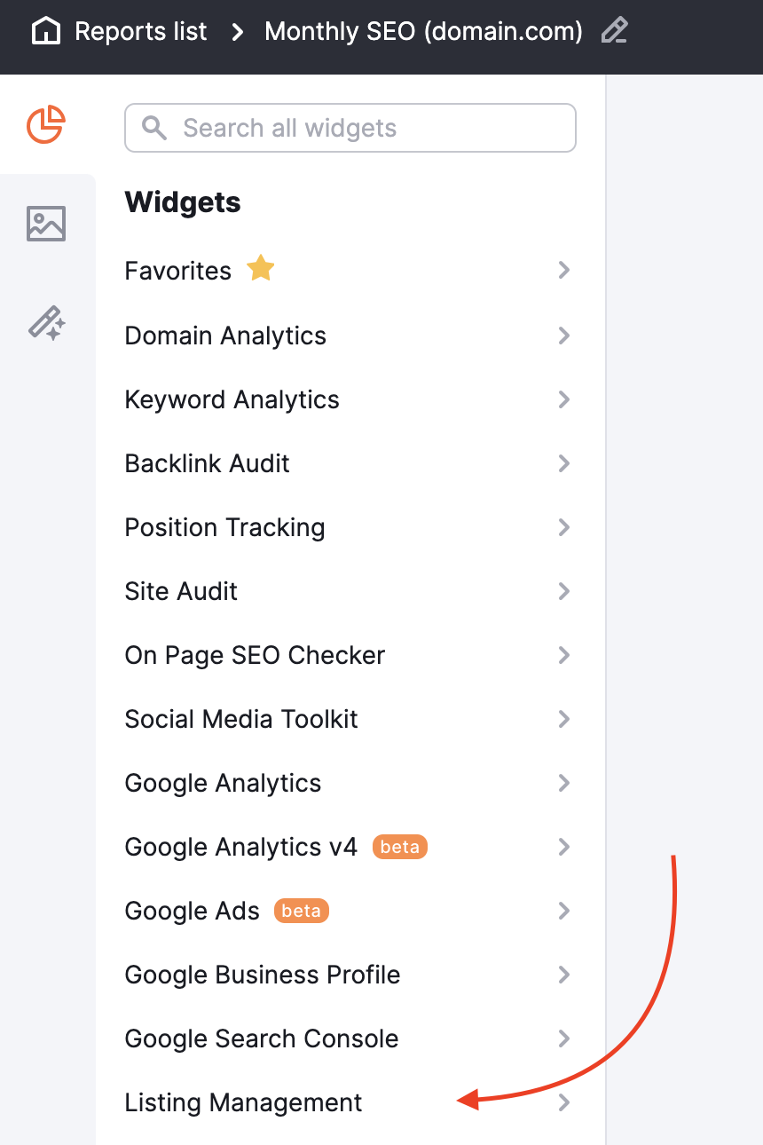 My Reports: a list of widgets with a red arrow pointing to the Listing Management section. 