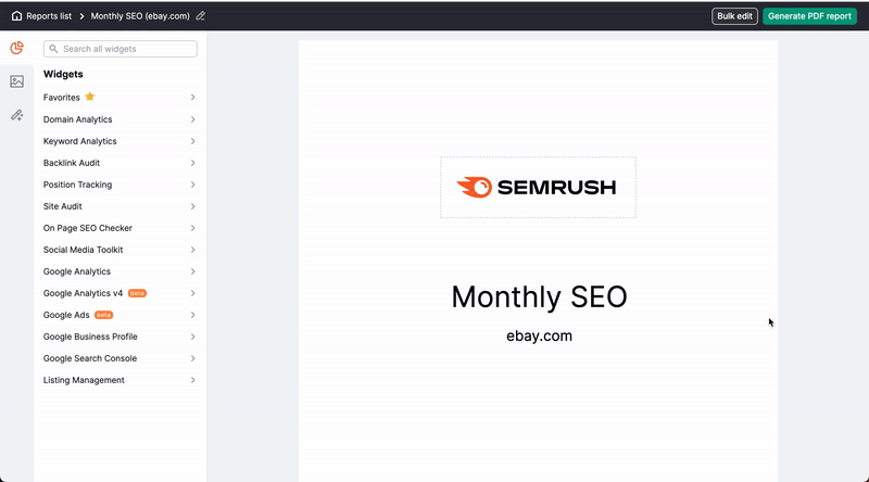 My Reports: click the pencil icon net to the original Semrush logo and select a new one. 