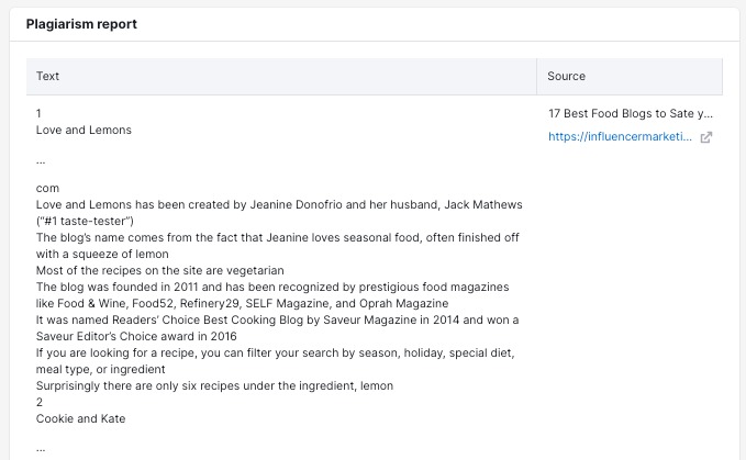 The Plagiarism Report widget showing sources of potential plagiarism