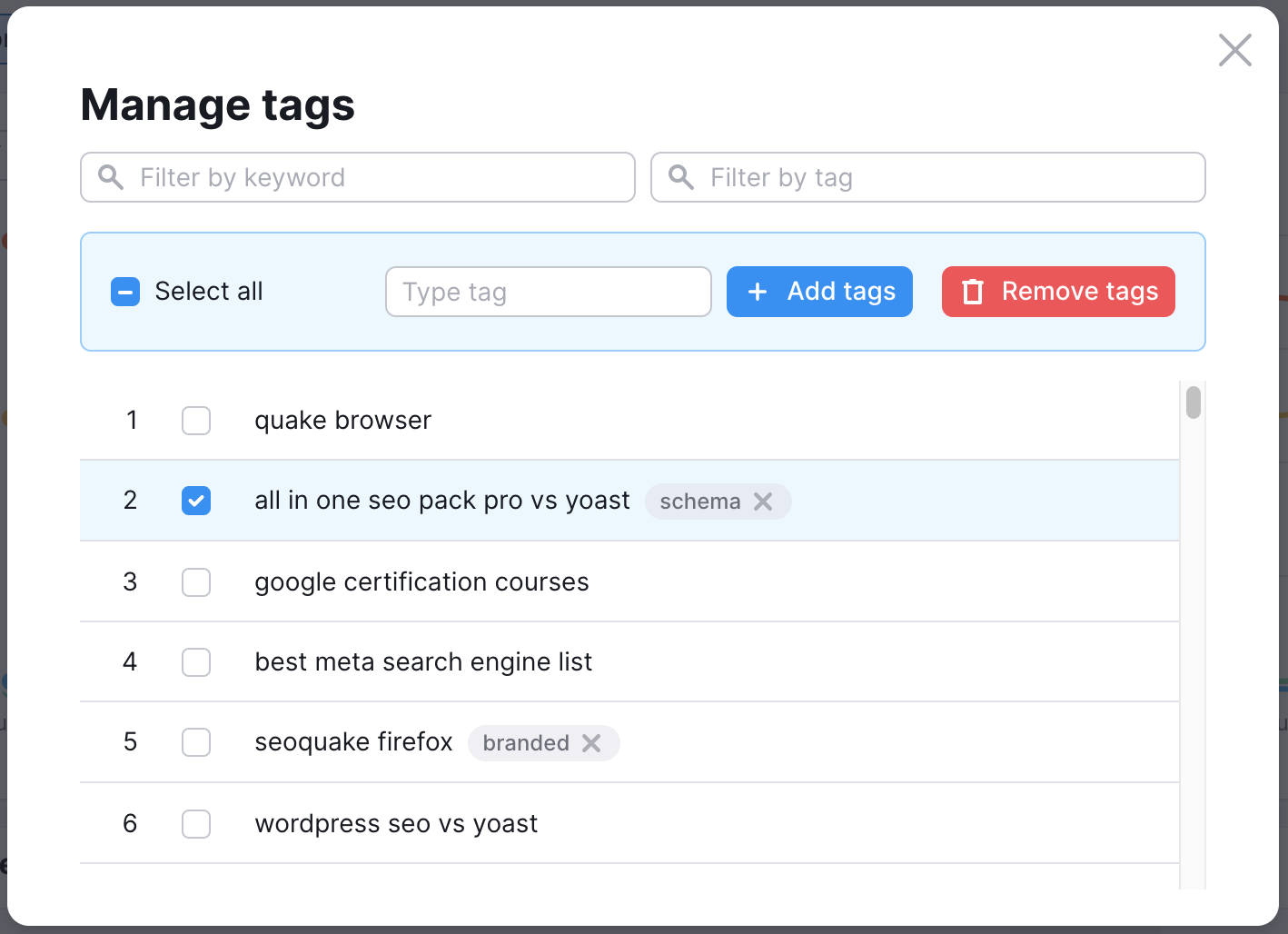 Manage tags dashboard showing the option to filter tags/keywords and add/remove tags in bulk.