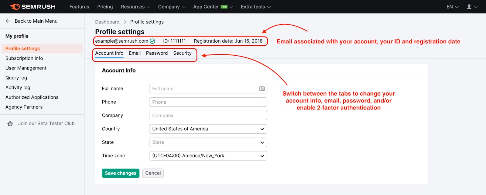 Menu Configurações do Perfil com retângulos vermelhos assinalando as guias, o e-mail, o ID do perfil e a data de registro.