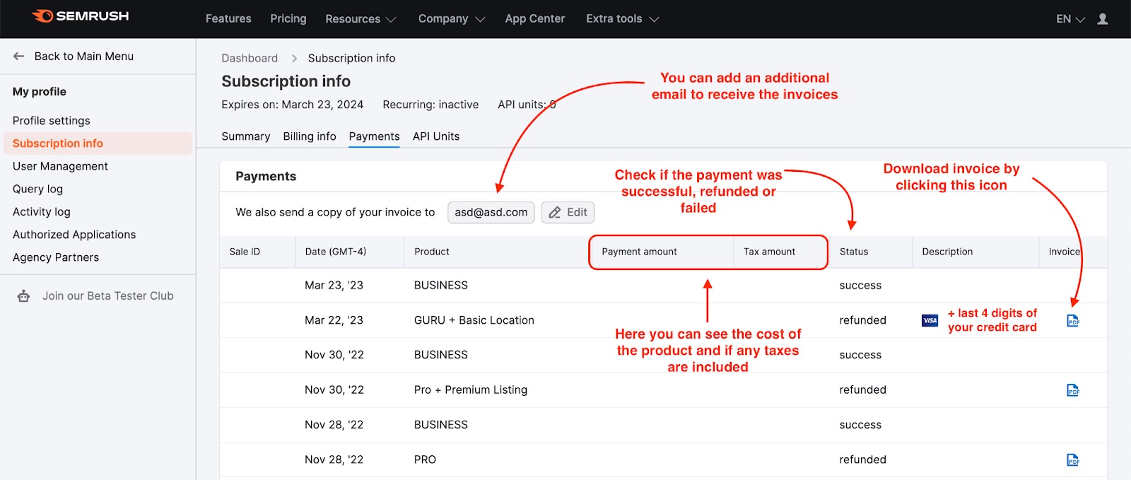 An example of the Payments page in Subscription Info where you can find your payment history and download invoices.