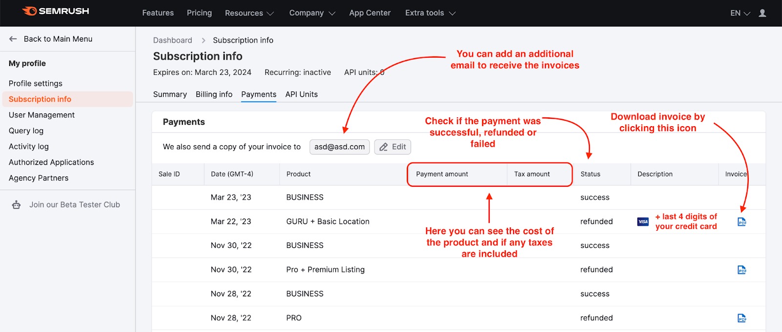 Un exemple de l’onglet « Paiements » sur la page « Infos abonnement » où vous pouvez retrouver l’historique de vos paiements et télécharger vos factures.