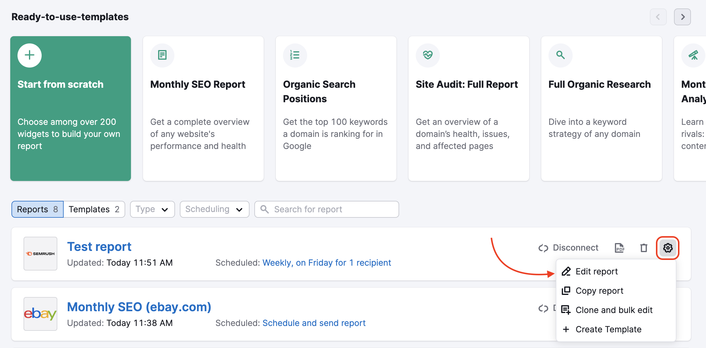 My Reports – click the gear button next to a report to open a drop-down menu and click "Edit report".