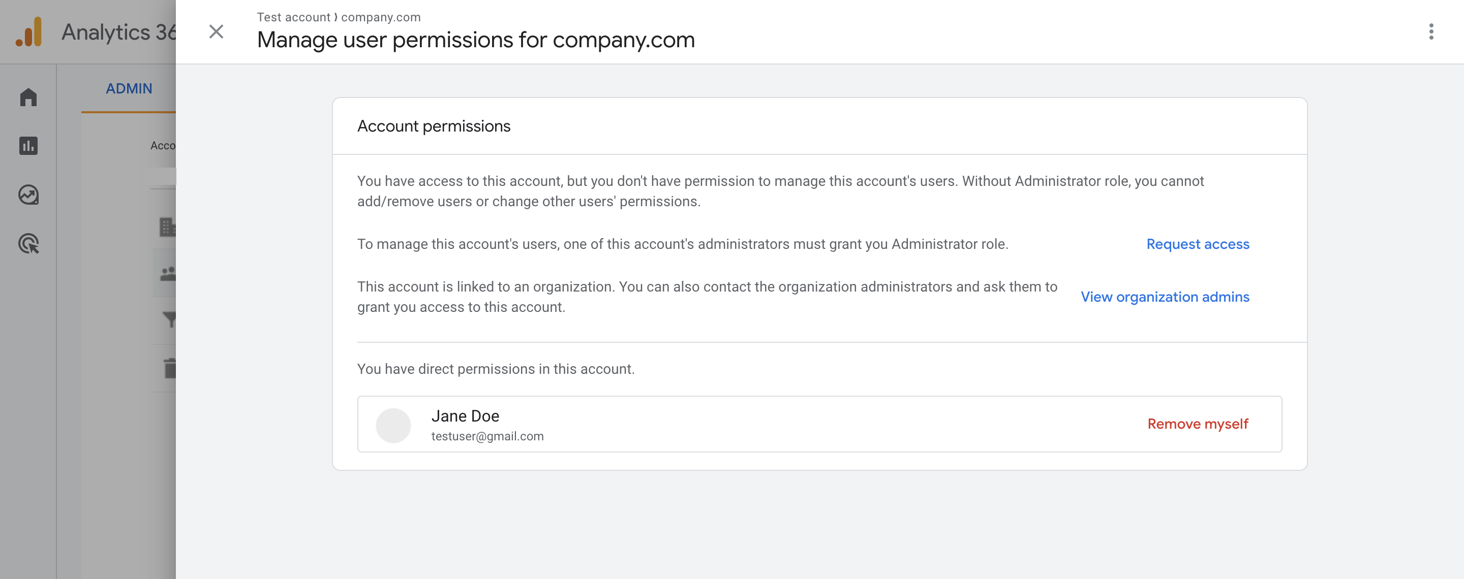 An example of a window with user permissions for a GA4 account. An explanation of how account permissions work is provided, and below it you can find your account with a permission level assigned to it.
