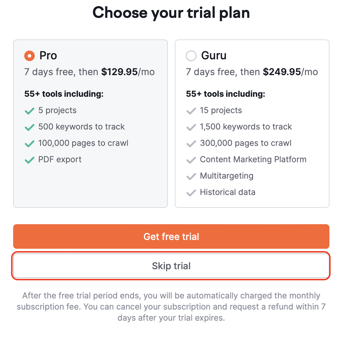 7-day trial pop-up showing Pro and Guru subscriptions. 