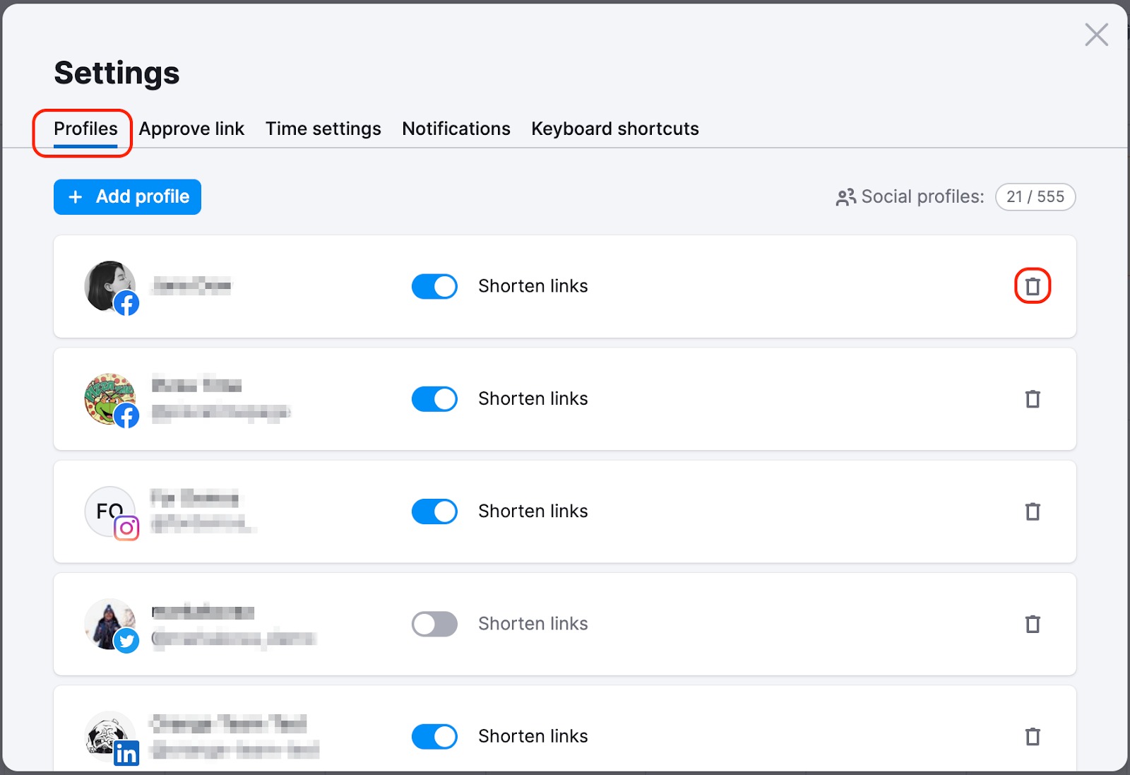 Social Tracker settings: you can remove accounts under the Profiles tab by clicking the "trash" icon next to the linked account and add them by clicking "Add profile".