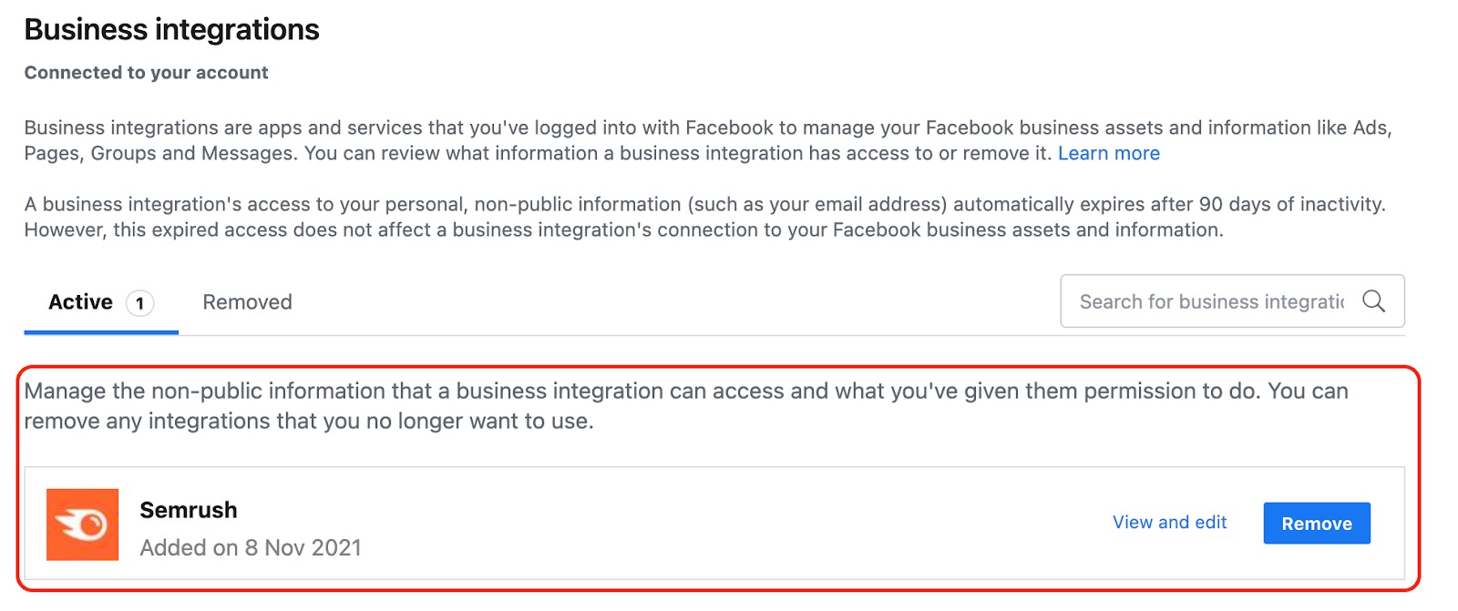 Facebook Business Integrations menu with Semrush added as an active integration. 