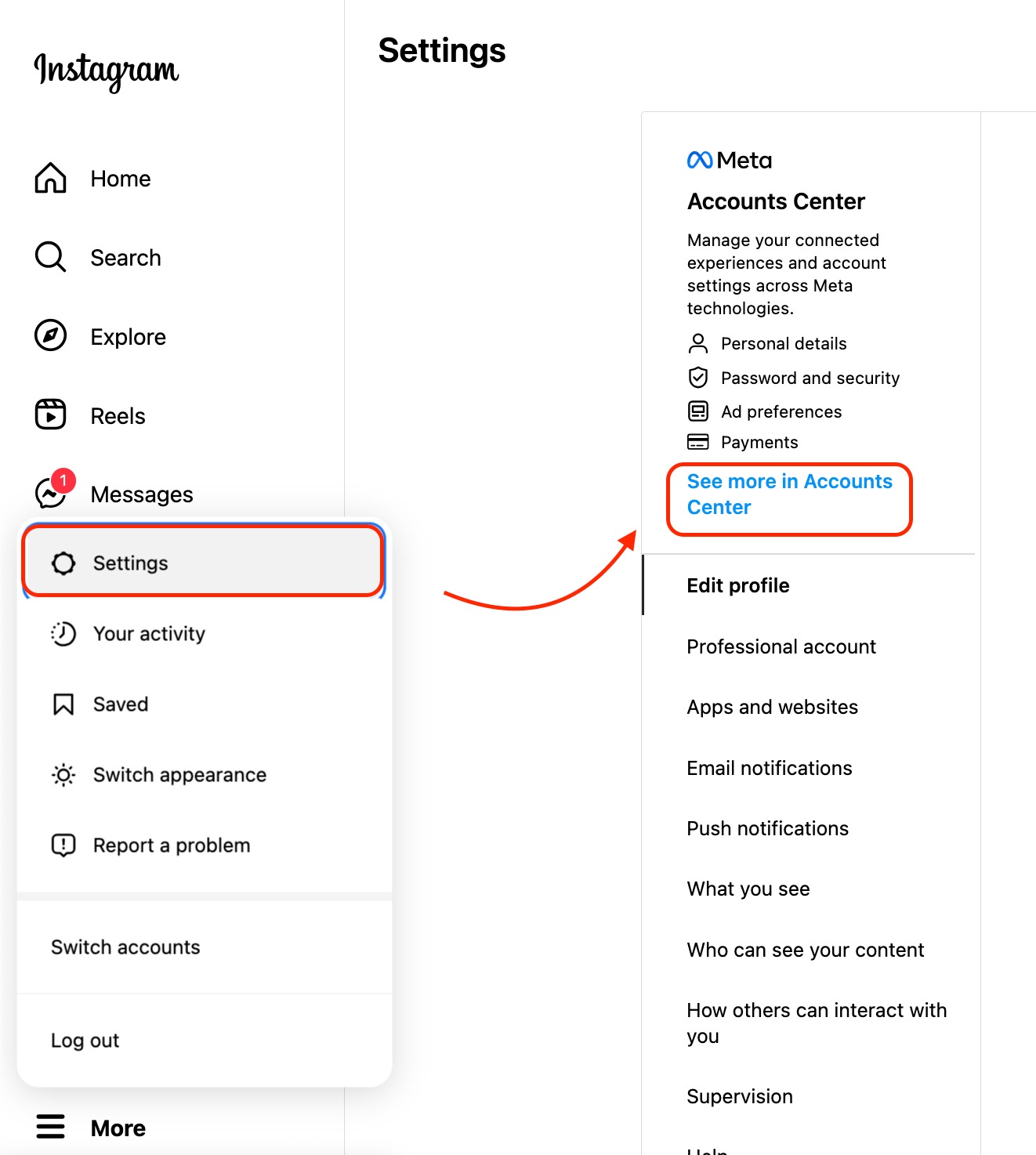 Instagram Settings with the "See more in Accounts Center" button highlighted. 