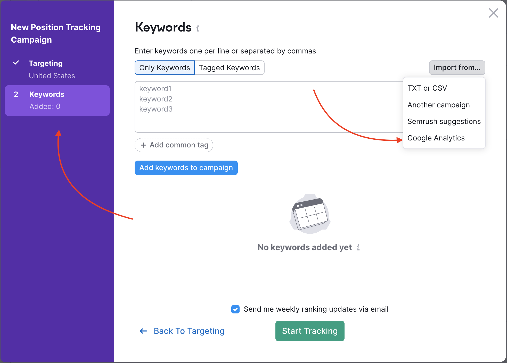 Position Tracking configuration menu Keywords section shows that you can connect a Google Analytics account by clicking the "Import from" button in the top-right corner and selecting "Google Analytics"