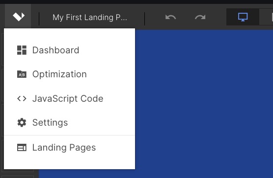 A drop down menu in the top left corner of the landing page editor, showing the following options: Dashboard, optimization, JavaScript Code, Settings, and Landing Pages