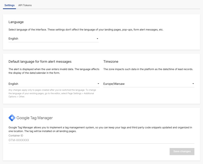 The App Settings dashboard, showing default language, time zone, and Google Tag Manager options.