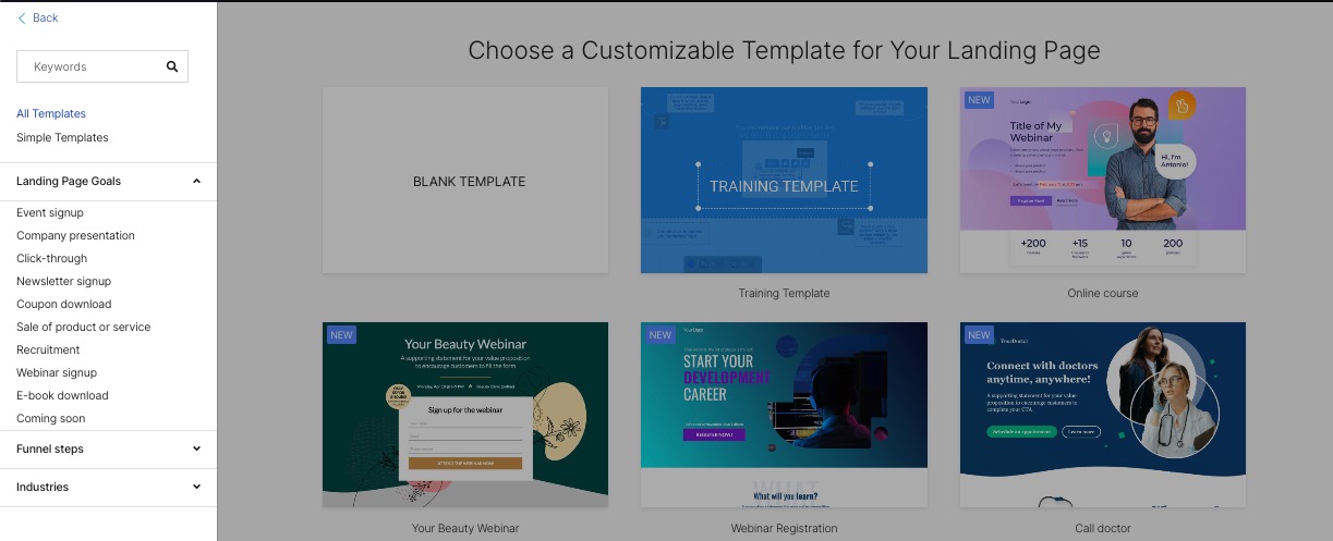 The app's template library, with the menu on the left highlighted. Here, you can filter by complexity, keyword, goal, funnel stage, or industry.
