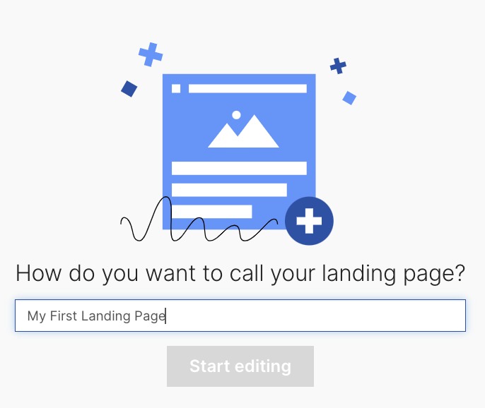 The app prompts you to name your landing page first.