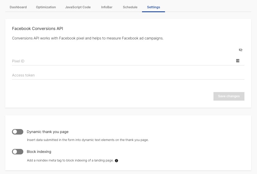 The Settings dashboard allows you to add Facebook Conversion API, a dynamic thank you page, and block your page from indexing.
