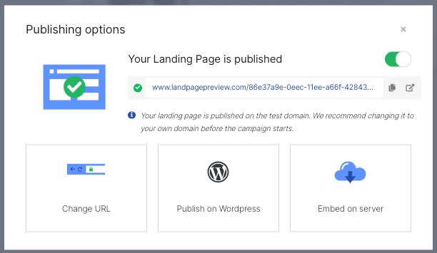 The Publishing options dialogue, enabling you to change your URL, publish to WordPress, or embed the page on your server.