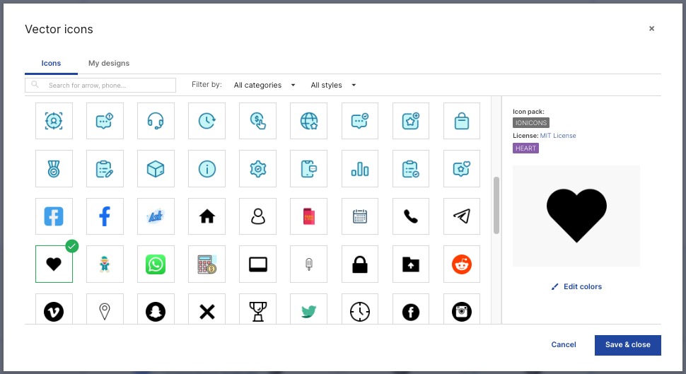 The Vector Icons library has an array of customizable graphic elements for your page.
