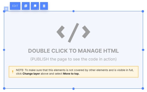The custom HTML element appears as a placeholder box until you publish your page.