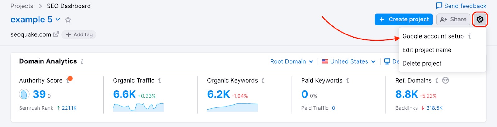 SEO Dashboard with a red arrow pointing to the settings gear and the "Google account setup" button in the drop-down menu in the top-right corner. 