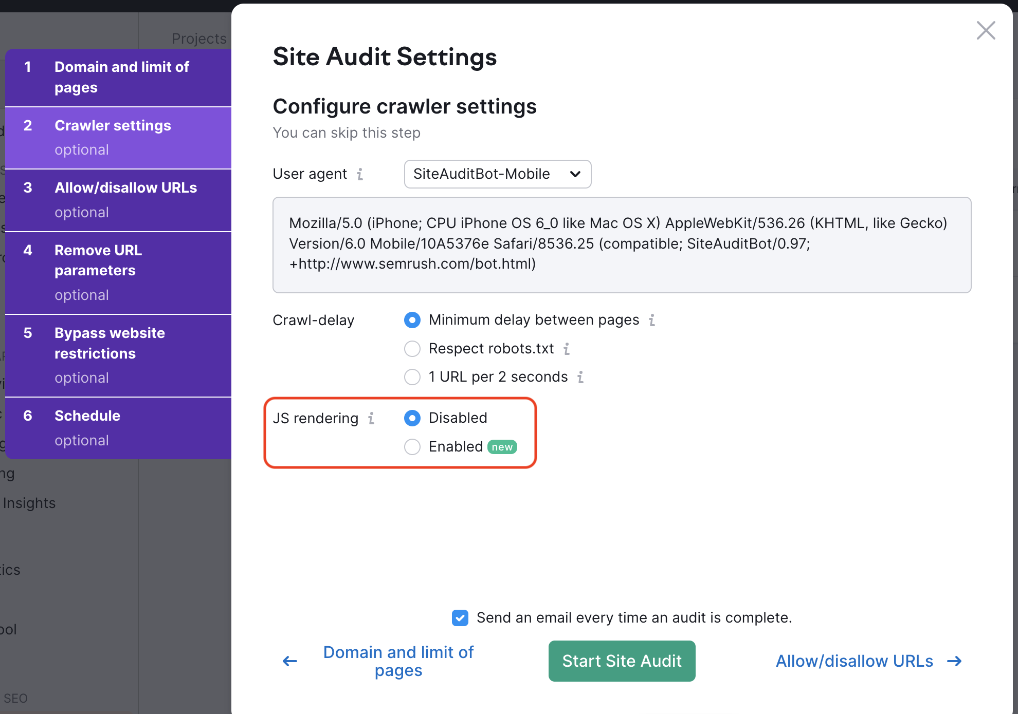 Site Audit settings window with the second tab, Crawler settings, on display. The JS rendering part, which is the last one on this tab, is highlighted to make this option easier to find.