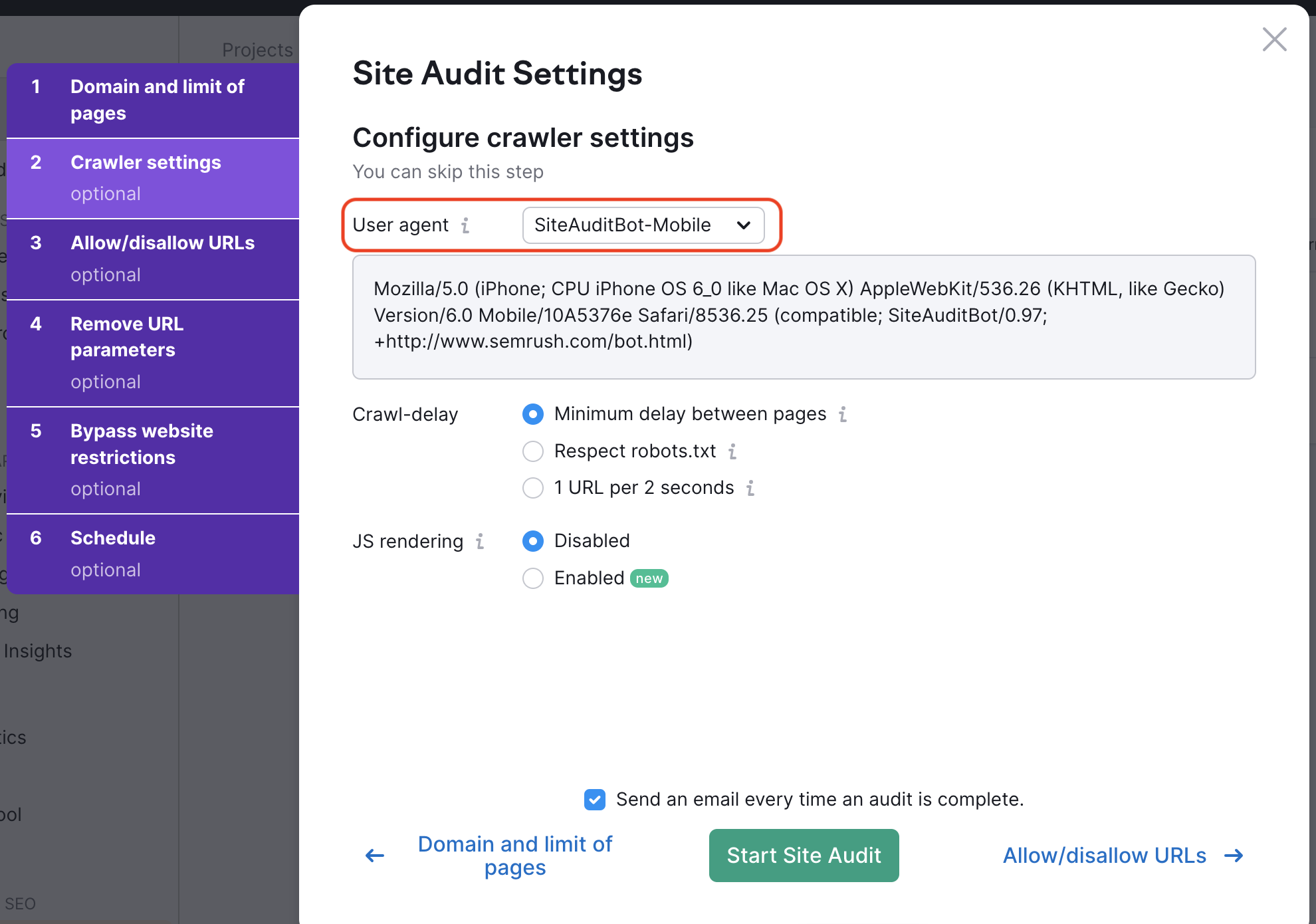 Site Audit settings menu. On the second tab, titled "Crawler settings", the User agent section is highlighted. The User agent selection has the default option enabled: SiteAuditBot-Mobile.