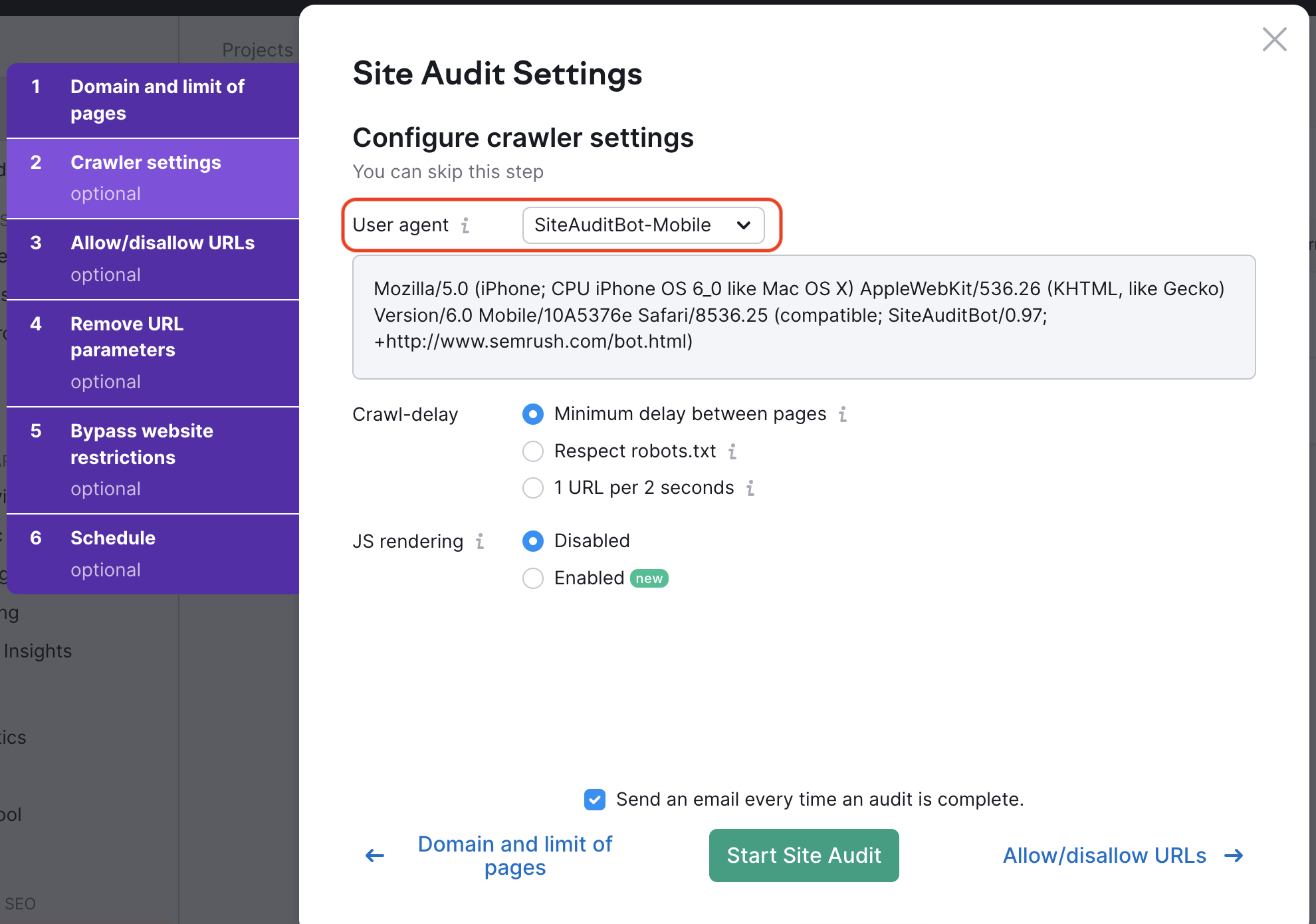 Menu des paramètres d’Audit de site. Dans le deuxième onglet, intitulé « Paramètres du robot d’exploration », la section « User-agent » est mise en évidence. Le User-agent sélectionné est SiteAuditBot-Mobile, l’option par défaut.