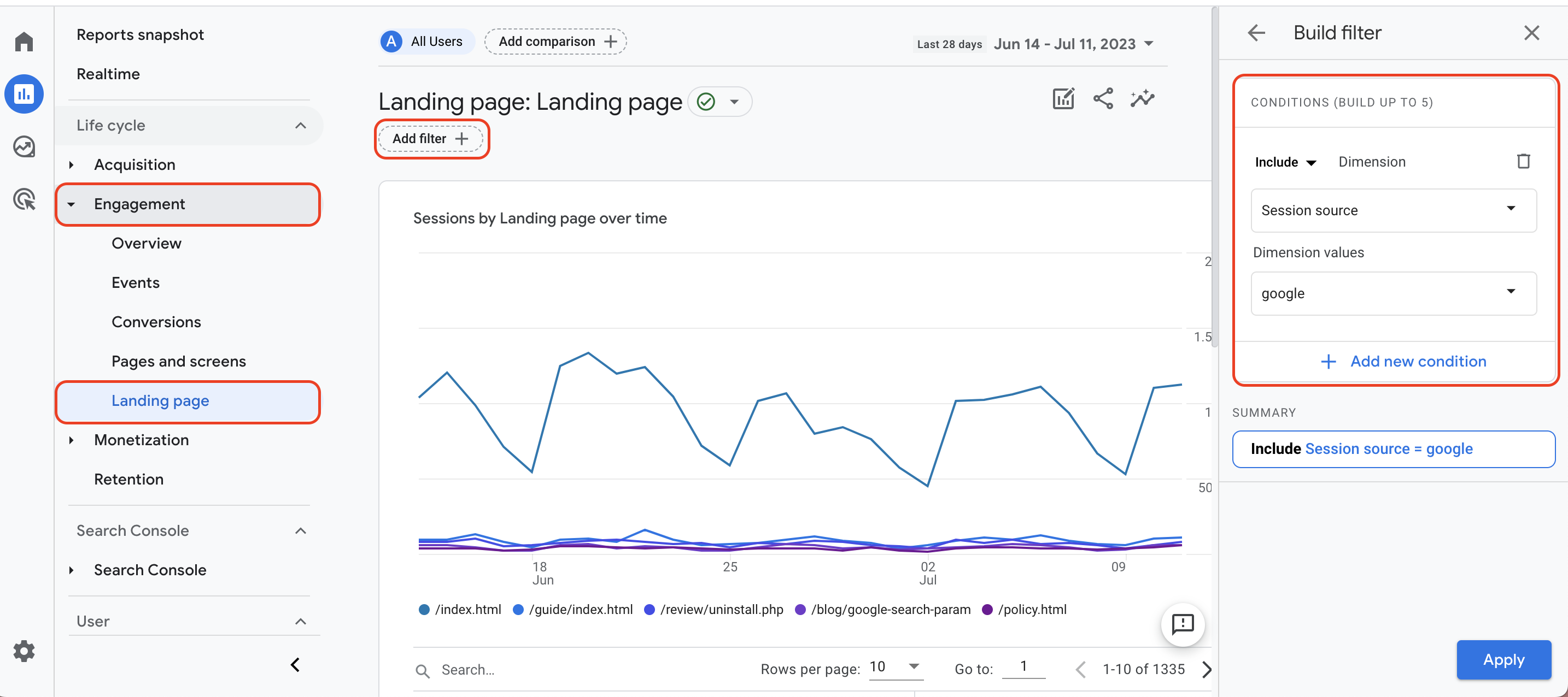 An example of a Landing page report in Google Analytics 4 with red rectangles highlighting Engagement and Landing page in the left-hand menu and the Add filter button at the top of the report. On the right side, the Build filter menu is also highlighted with a red rectangle. 