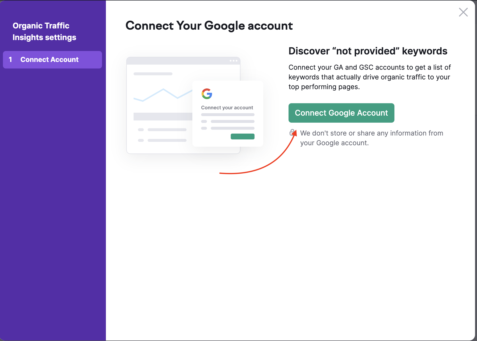 Connect Account section in the Organic Traffic Insights set up wizard with a red arrow pointing to the Connect Google Account button.