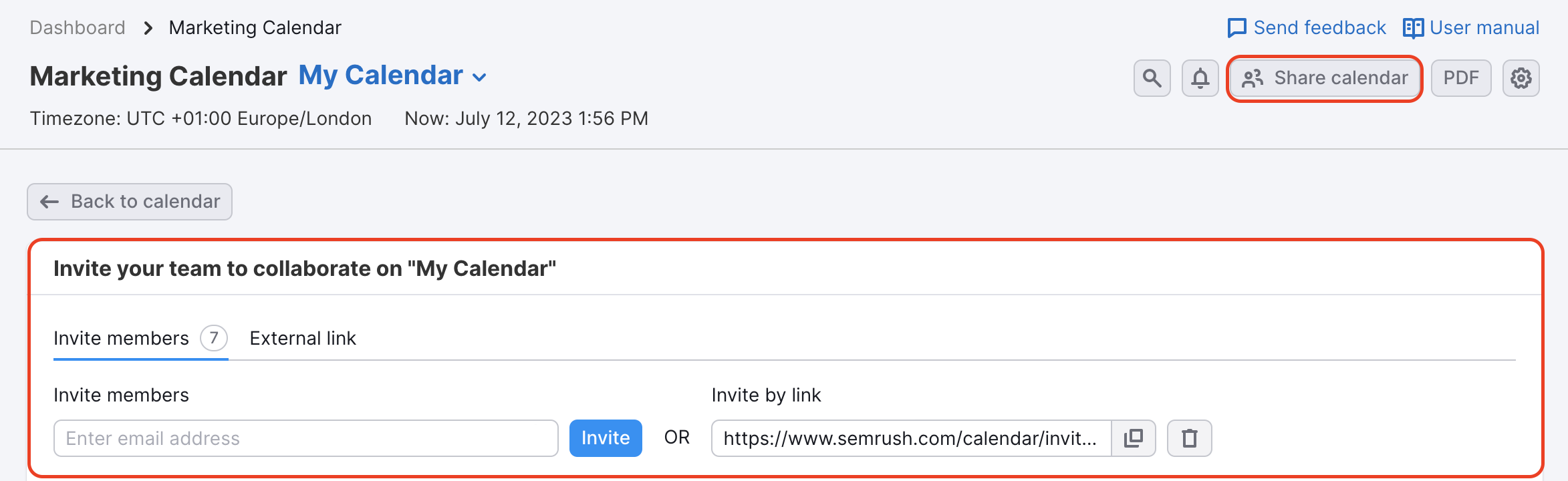 Sharing menu in Marketing calendar that can be opened by clicking the Share calendar button highlighted with a red rectangle  in the top-right corner. There's an option to invite members via email or by sending a link. 