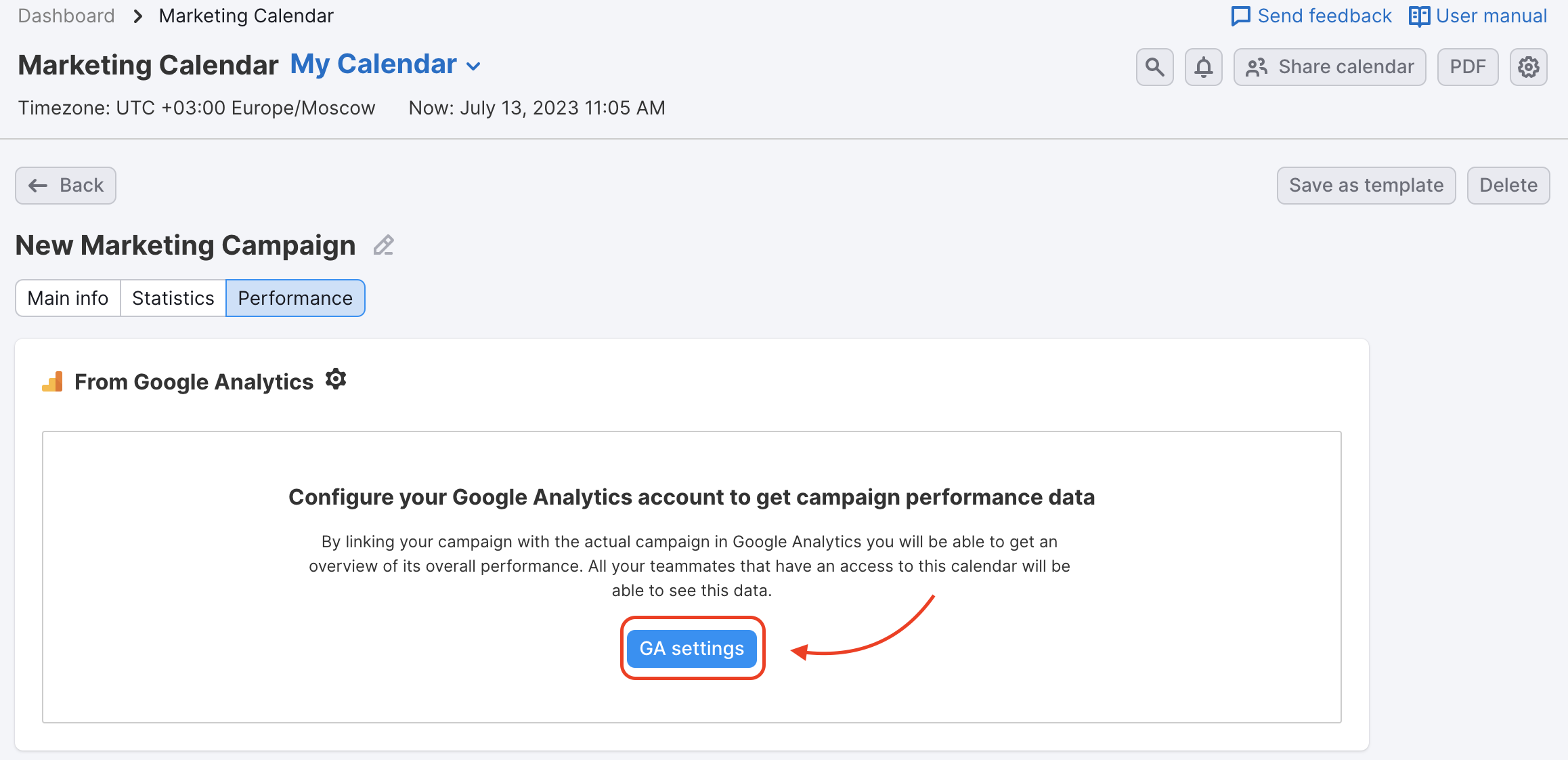 Performance report in the Campaigns tab with a red arrow pointing to the GA settings button.