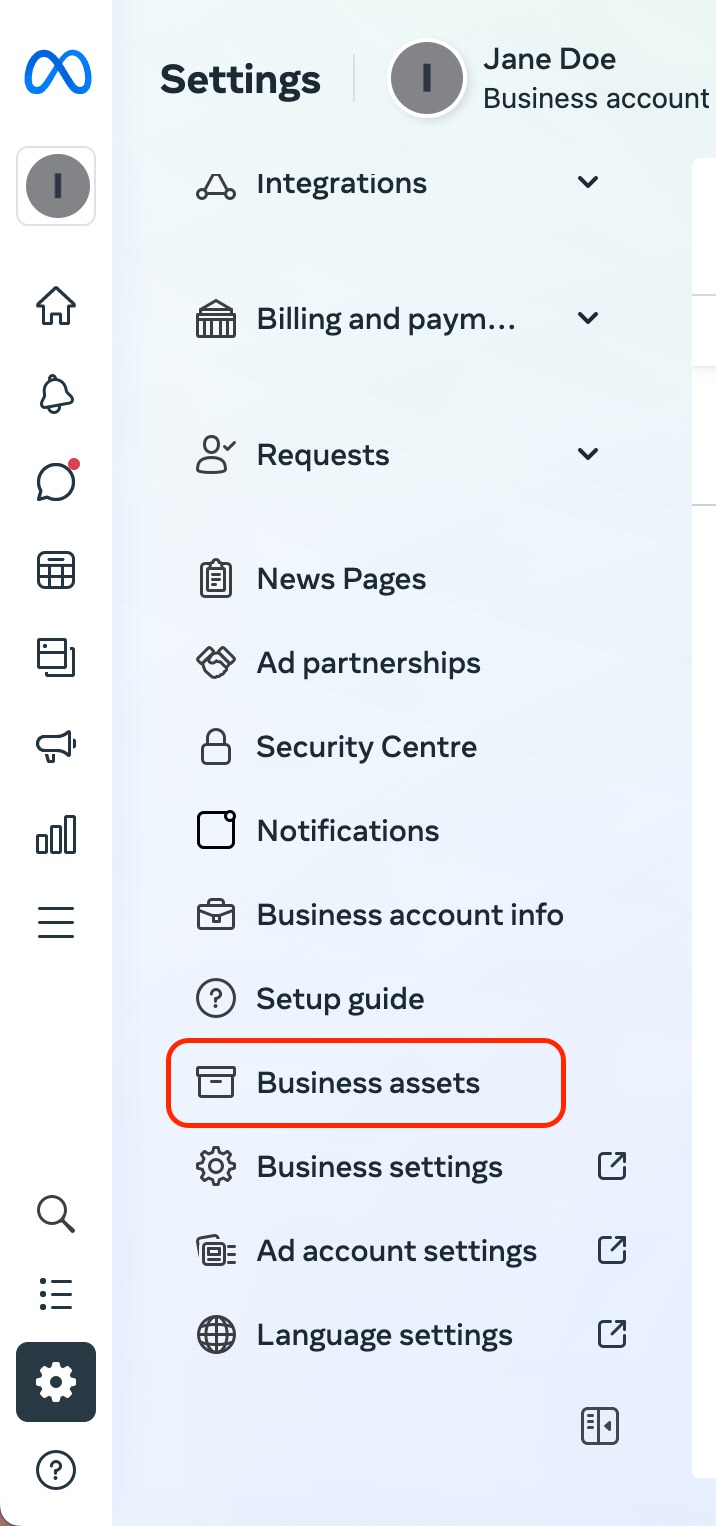 Meta business suite settings menu with red rectangles highlighting the Business assets tab.  