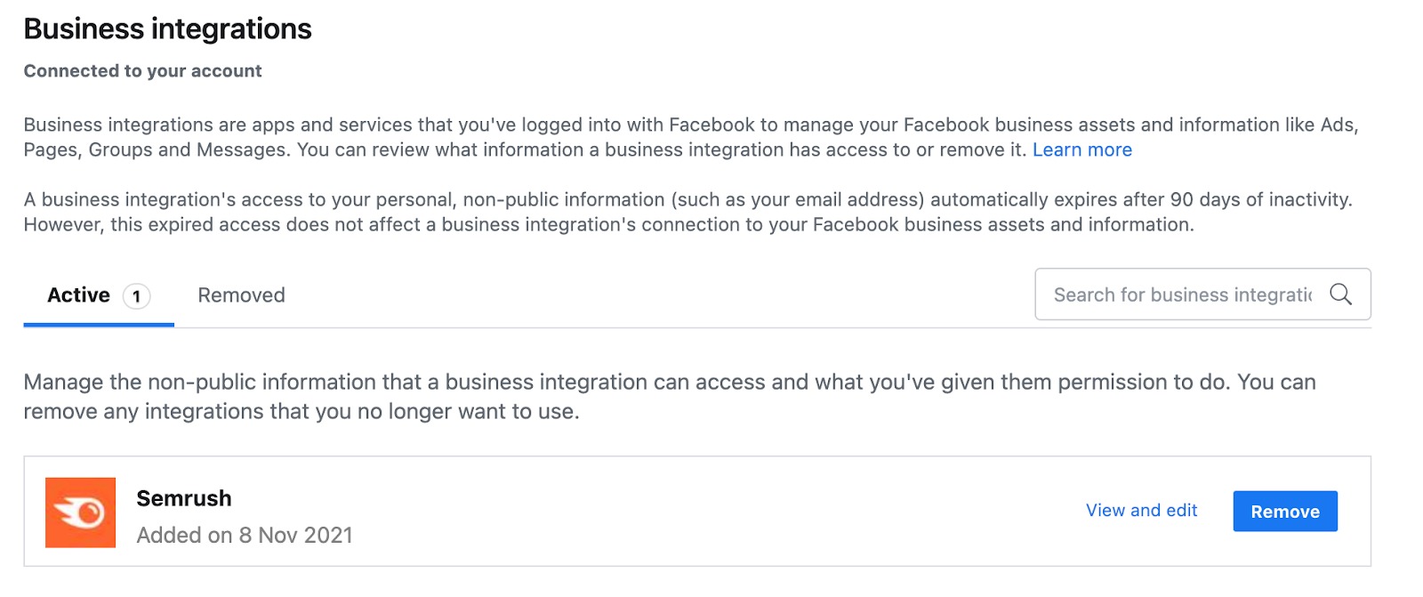 Facebook Business Integrations menu with Semrush added as an active integration. 