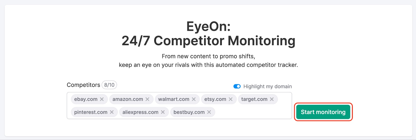 EyeOn landing page with the websites to analyze and a red rectangle highlighting the 'Start monitoring' button. 