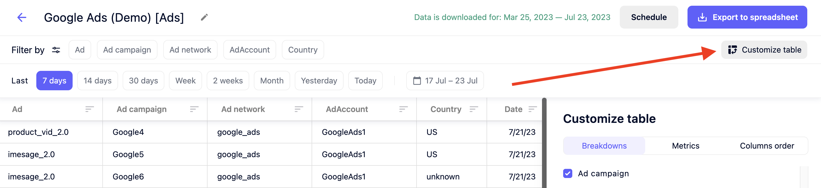 Discover options to customize your data table in Automated Data Connector.