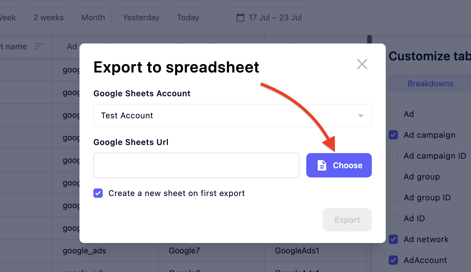 Choosing your spreadsheet in AI Automated Data Connector.