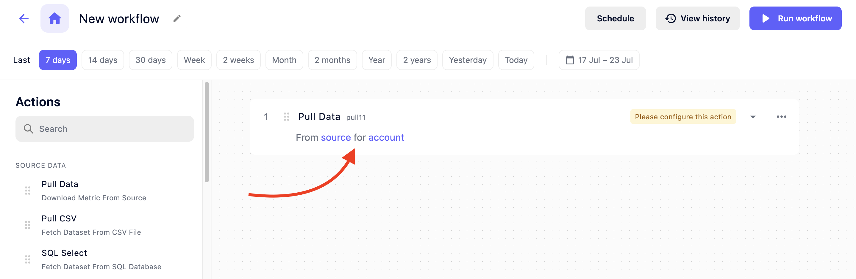 Selecting source and account to complete a workflow in Semrush’s Automated Data Connector. 