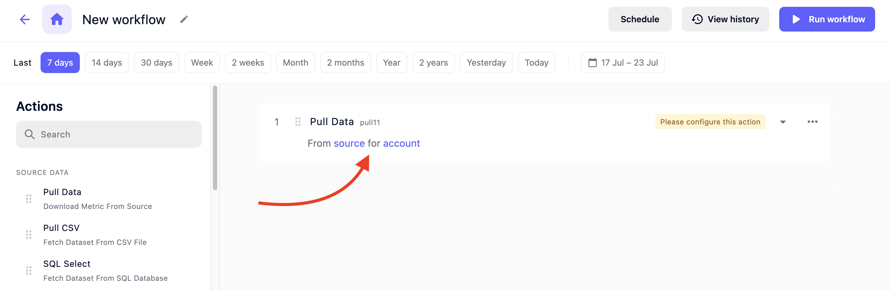 Selecting source and account to complete a workflow in Semrush’s AI Automated Data Connector. 